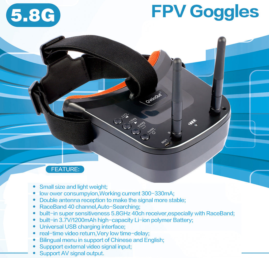 QWinOut Mini FPV Goggles 3 inch 480 x 320 Display Double Antenna Rece