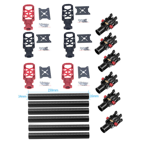 JMT 6PCS 16MM*14MM*150MM 3K Carbon Fiber Tube with 16mm Clamp Type Motor Mount Plate Holder & Z16 Folding Arm Tube Joint for 6-axle Aircraft RC Hexacopter DIY Copter Drone