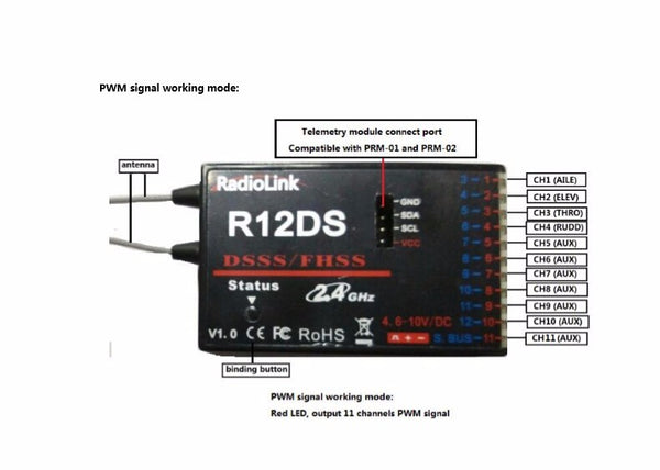 RadioLink R12DS 12CH Receiver 2.4Ghz For AT10 Transmitter Aircraft Aerial Photography Device control
