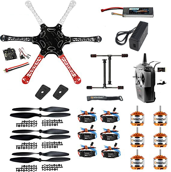 QWinOut F550 Airframe RC Hexacopter Drone Kit DIY PNF Unassembly Combo Set with Kkmulticopter Flight Controller for Beginners (with Battery and Remote Controller)